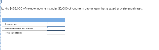 b. His $452,000 of taxable income includes $2.000 of long-term capital gain that is taxed at preferential rates. Income tax N