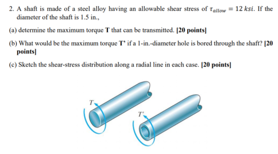 2. A shaft is made of a steel alloy having an allowable shear stress of Tallow = 12 ksi. If the diameter of the shaft is 1.5