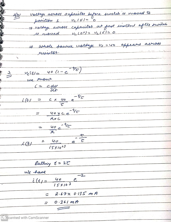 2fb voltage across capacitos before switch s moved to position 1 velolo voltage across capacitor at fast instans after switch