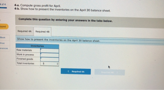 of 4 4-a. Compute gross profit for April. 4-b. Show how to present the inventories on the April 30 balance sheet. Complete th