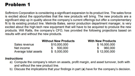 Problem 1 Softmicro Corporation is considering a significant expansion to its product line. The sales force is excited about