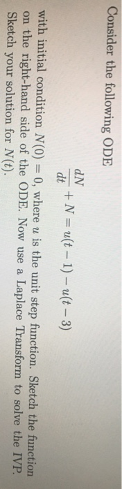 Consider the following ODE dN + N = u(t-1) - uſt - 3) with initial condition N(0) = 0, where u is the unit step function. Ske