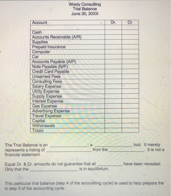 Wooly Consulting Trial Balance June 30, 20XX Account Cash Accounts Receivable (A/R) Supplies Prepaid Insurance Computer Car A