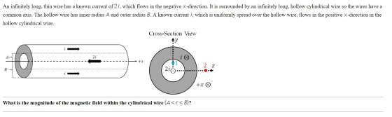 An infinitely long, thin wire has a known current of 2i, which flows in the negative x-direction. It is surrounded by an infi