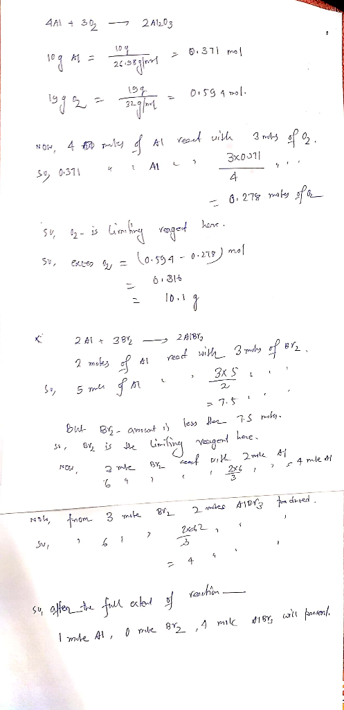 4A + 30 - 2A1203 109 ha u > 0.311 mo 0.59 4:01. jog mange biglang = 0.311 ml iggq = m = 0.5gamol Now, 4 to only of Al react w
