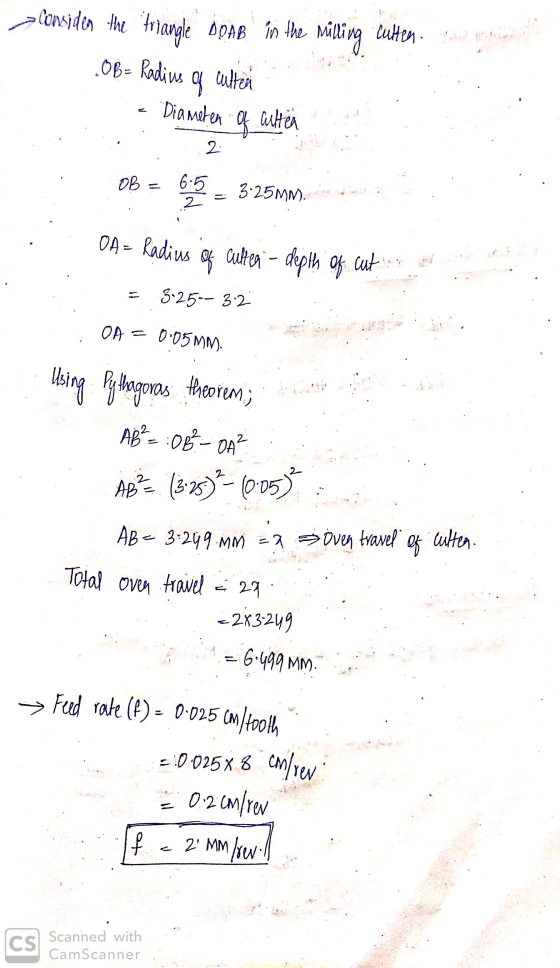 DOAR in the Consider the triangle .OB= Radius of culten Diameten Milling cutten. of altea 2 OB = 6.5 2 3:25MM). OA= Radius cu