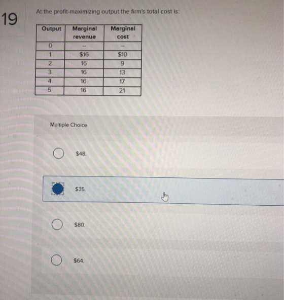 At the profit-maximizing output the firms total cost is: 19 Output Marginal revenue Marginal cost $16 AwN Multiple Choice $4