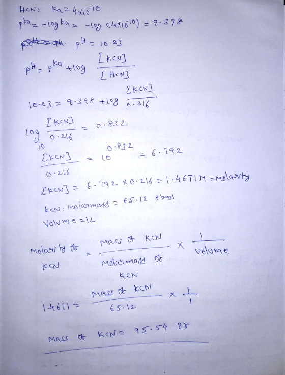 HEN- Kar4x10 10 pka_ - logka = -log (481010) = 9-398 plocha pH 10.23 . [KEN] oH pka tlog I HEN] Eken] 10-23 = 9-398 +Log 0.21