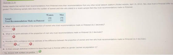 Forbes reports that women trust recommendations from Pinterest gender? The following sample data shew the number of women and men who stated in a recent semple that they trust recommendations more than recommendations from any other social network platform (Forbes website, April 10, 2012 ). But, does trust in Pinterest difter by recommendations made on Pinterest Men 170 Trust Recommendations Made on Pinterest 117102 Women 150 Sample a. What is the point s the point estimate of the proportion of women who trust recommendations m the ede on Pinterest (to 2 decimals)? i who trust recommendations made on Pinterest (to 2 decimals)? difference between the proportion of women and men who trust recommendations made on Pinterest (to 4 decimals) 03 enough statistical evidence to show that trust in Fintrest differs by gender (women as d. Is there