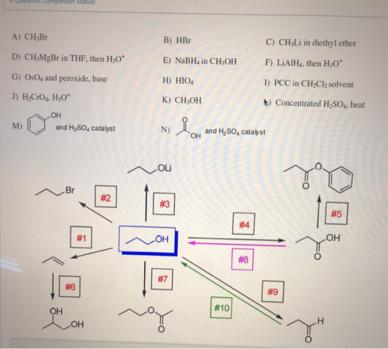 question tompieton Status A) CH3Br D) CH3MgBr in THF, then H3O G) Os04 and peroxide, base B) HBr E) NaBH4 in CH3OH H) HIO4 K)