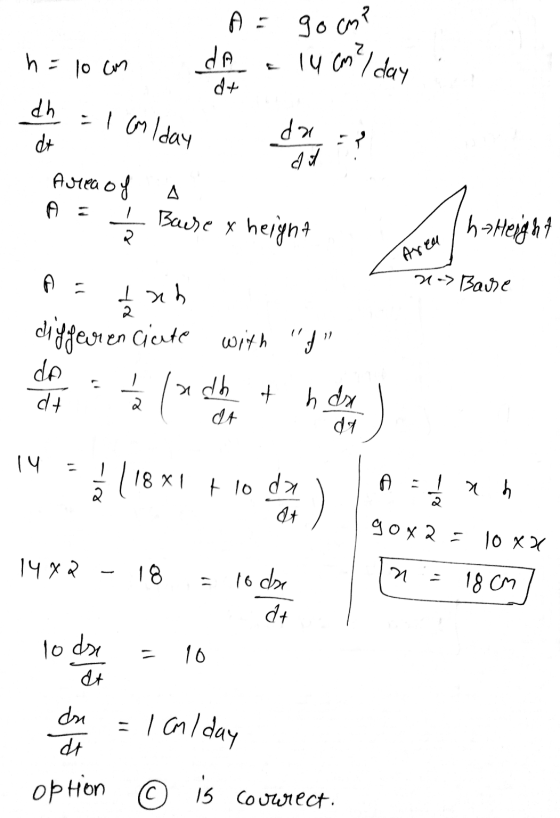 A = gom? da a 14 cm²/day h = 10 cm dt 1 Golday do not Area of A = a Bause x height That Height < Area ho henas na tuh 2- Bare