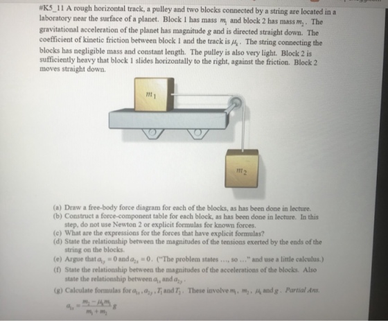 #K5-11 A rough horizontal track, a pulley and two blocks connected by a string are located in a laboratory near the surface of a planet. Block I has mass m, and block 2 has mass m,. The gravitational acceleration of the planet has magnitude g and is directed straight down. The coefficient of kinetic friction between block I and the track isA. The string connecting the blocks has negligible mass and constant length. The pulley is also very light. Block 2 is sufficiently heavy that block 1 slides horizontally to the right, against the friction. Block 2 moves straight down. nt nt 2 (a) Draw a free-body force diagram for each of the blocks, as has been done in lecture. (b) Construct a force-component table for each block, as has been done in lecture. In this step, do not use Newton 2 or explicit formulas for known forces. (c) What are the expressions for the forces that have explicit formulas? d) State the relationship between the magnitudes of the tensions exerted by the ends of the string on the blocks (e) Argue that al,-0 and aa = 0. (The problem states , so and use a little calculus.) ( State the relationship between the magnitudes of the accelerations of the blocks. Also state the relationship between a1x and@y· (g) Calculate formulas fora,襾,,T, and T. These involvem-m-A4 and g. Partial Ans. m + m
