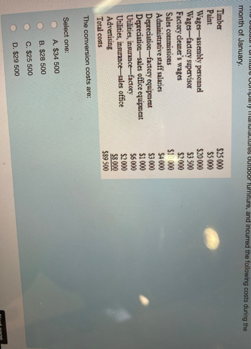 MWOVU Ulurus outdoor furniture, and incurred the following costs during the month of January. Timber Paint Wages-assembly per