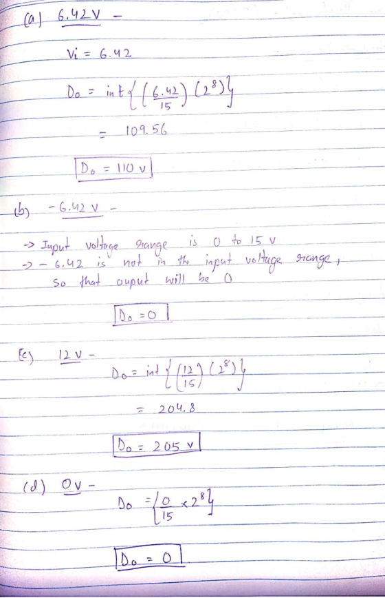 Cal 6.42v Vi = 6.42 Do = int 6.42 15 109.56 De - 110V (b) -6.42 v is o to 15u - Juput voltage range -) - 6,42 is not in the i