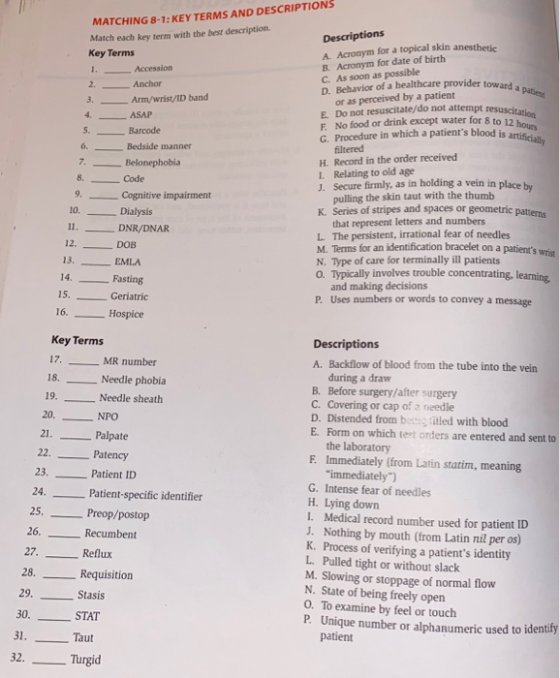 oward a patien blood is artificially MATCHING 8-1:KEY TERMS AND DESCRIPTIONS Match each key term with the best description. D