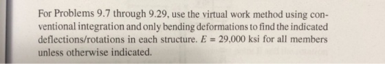 For Problems 9.7 through 9.29, use the virtual work method using con- ventional integration and only bending deformations to find the indicated deflections/rotations in each structure. E = 29,000 ksi for all members unless otherwise indicated.