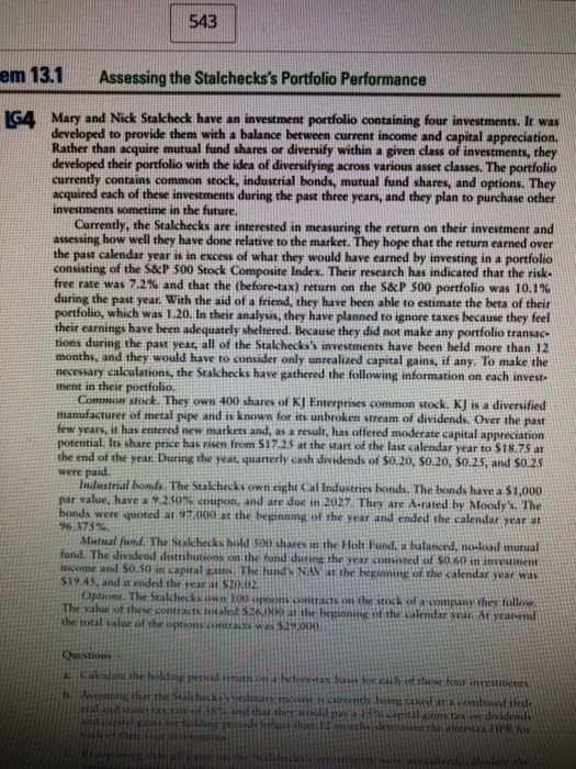 543 em 13.1 Assessing the Stalcheckss Portfolio Performance G4 Mary and Nick Stalcheck have an investment portfolio containi