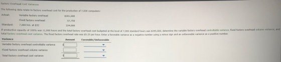 Factory Overhead Cost Variances The following data relate to factory overhead cost for the production of 7,000 computers: Act