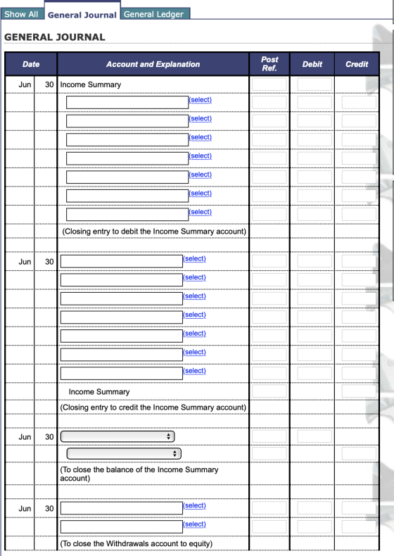 Show All General Journal General Ledger GENERAL JOURNAL Date Account and Explanation Post Ref. Debit Credit Jun 30 Income Sum