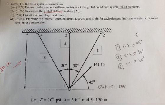 1. (60%) For the truss system shown below (a) (12%) Determine the element stiffness matrix w.r.t. the global coordinate syste