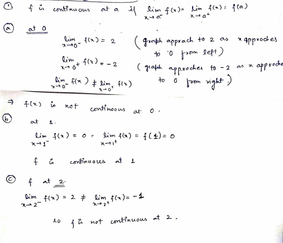 f is continuous at a of lim f(x)= lim f(x) = f(a) xya xat at o lim 270 f(x) = 2 4pproches to O lim xno f(?). -2 graph apprac