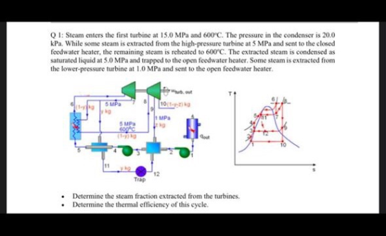 01: Steam enters the first turbine at 15.0 MPa and 600°C. The pressure in the condenser is 20.0 kPa. While some steam is extr
