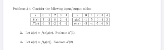 Problems 3-4, Consider the following input/output tables: 0 1 4 I 1 2 8 -2 3 2 -1 0 - 1 2 4 043 7-2 f() 6 5 - 1 -2 3 3. Let