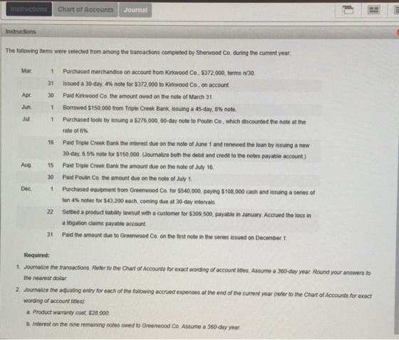 Instructions Chart of Accounts Journal Instructions The following items were selected from among the transactions completed b