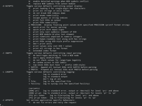 -O OUTOPTS W: enable detailed warnings when MIB symbols conflict R: replace MIB symbols from latest module Toggle various def