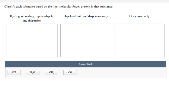 Classify each substance based on the intermolecular forces present in that substance. Dipole-dipole and dispersion only Dispe