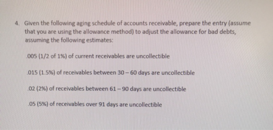 4. Given the following aging schedule of accounts receivable, prepare the entry (assume that you are using the allowance meth
