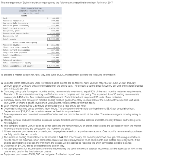 The management of Zigby Manufacturing prepared the following estimated balance sheet for March 2017: ZIGBY MANUFACTURING Estimated Balance Sheet March 31, 2817 Assets Cash Accounts receivable Raw materials inventory Finished goods inventory Total current assets Equipment, gross Accumulated depreciation Equipment, net Total assets $44,888 58e,8e 98,288 444,888 1,878,288 688,888 154,888) 454,88e $ 1,532,288 Liabilities and Equity Accounts payable Short-term notes payable Total current liabilities Long-term note payable Total liabilities Common stock Retained earnings Total stockholders equity Total liabilities and equity $ 211,3e8 16,888 227,388 585,888 732,388 339,8e8 468,988 799,988 $ 1,532,288 To prepare a master budget for April, May, and June of 2017, management gathers the following Information: a. Sales for March total 25,000 units. Forecasted sales in units are as follows: Aprl, 25,000; May, 16,300; June, 21,100, and July 25,000. Sales of 244,000 units are forecasted for the entire year. The products selling price Is $25.00 per unit and Its total product cost is $2220 per unit. b. Company policy calls for a given months ending raw materials inventory to equal 50% of the next months materials requirements. The March 31 raw materials Inventory is 4,510 unlts, which complles with the policy. The expected June 30 ending raw materials Inventory Is 4,400 units. Raw materlals cost $20 per unit. Each finished unit requlres 0.50 units of raw materlals. c. Company policy calls for a given months ending finished goods inventory to equal 80% of the next months expected unit sales. The March 31 finished goods Inventory Is 20,000 units, which complies with the policy d. Each finlshed unlt requires 0.50 hours of direct labor at a rate of $19 per hour e. Overhead is allocated based on direct labor hours. The predetermined varlable overhead rate is $3.10 per direct labor hour. f. Sales representatives, commissions are 6% of sales and are paid in the month of the sales. The sales managers monthly salary is g. Monthly general and administrative expenses include $16,000 administrative salaries and 0.8% monthly interest on the long-term h. The company expects 20% of sales to be for cash and the remaining 80% on credit. Recevables are collected in full in the month I. All raw materials purchases are on credit, and no payables arise from any other transactions. One months raw materlals purchases J. The minimum ending cash balance for all months Is $44,000. If necessary, the company borrows enough cash using a short-term Depreclation of $23,920 per month is treated as fixed factory overhead $3,400. note payable following the sale (none are collected In the month of the sale). are fully pald In the next month. note to reach the minimum. Short-term notes require an interest payment of 1% at each month-end (before any repayment). lf the ending cash balance exceeds the minlmum, the excess will be applied to repaying the short-term notes payable balance k. Dividends of $14,000 are to be declared and pald In May l. No cash payments for income taxes are to be made during the second calendar quarter. Income tax will be assessed at 40% in the quarter and pald In the third calendar quarter. m. Equipment purchases of $134,000 are budgeted for the last day of June