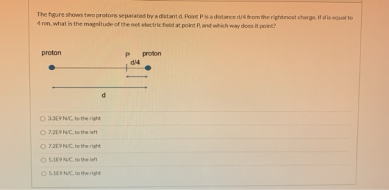 The figure shows two protons separated by a distant d. Point Pis a distance d/4 from the rightmost charge. If d is equal to 4