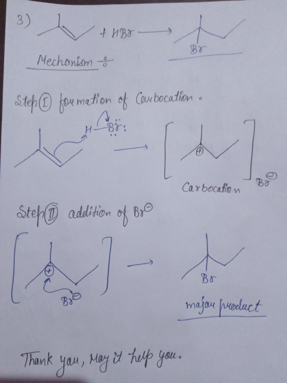 Mechanism o Step © fou metion of Combocation Carbocation By Step adelition of B30 1 Br masan product Thank you, May it help y