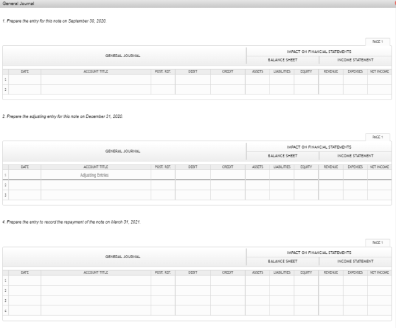 General Journal 1. Prepare the entry for this note on September 30, 2020 PAGE 1 GENERAL JOURNAL IMPACT ON FINANCIAL STATEMENT