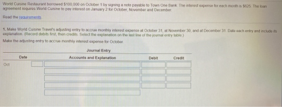 World Cuisine Restaurant borrowed $100,000 on October 1 by signing a note payable to Town One Bank. The interest expense for