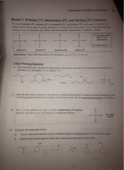 ChemActivity 10: Oxidation and Reduction 145 Model 7: Primary (1°), Secondary (2°), and Tertiary (3°) Carbons The words methy