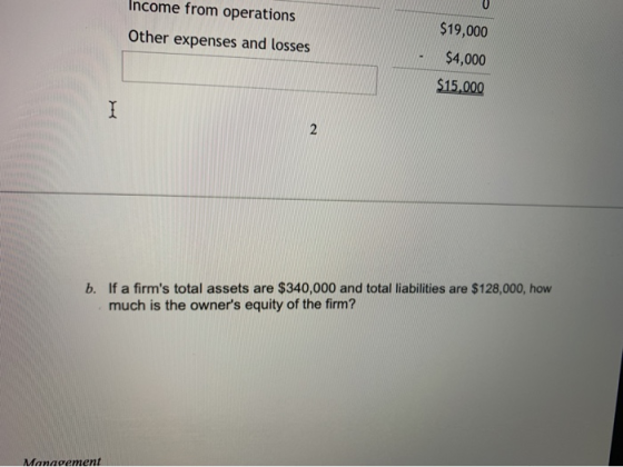 Income from operations Other expenses and losses $19,000 $4,000 $15,000 b. If a firms total assets are $340,000 and total li