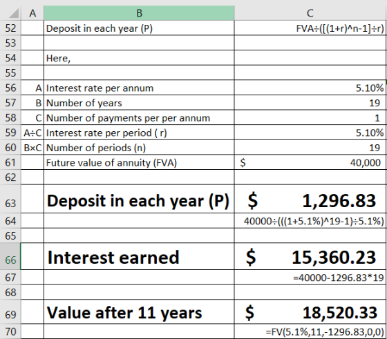 FVA:([(1+r)^n-1]=r) А B 52 Deposit in each year (P) 53 54 Here, 55 56 AInterest rate per annum 57 B Number of years 58 C Numb