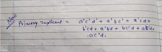 Oo Primary Implicant a acdt a b c & acdt 6cd & abd & beldt abda. acd. T annled with with CamScanner