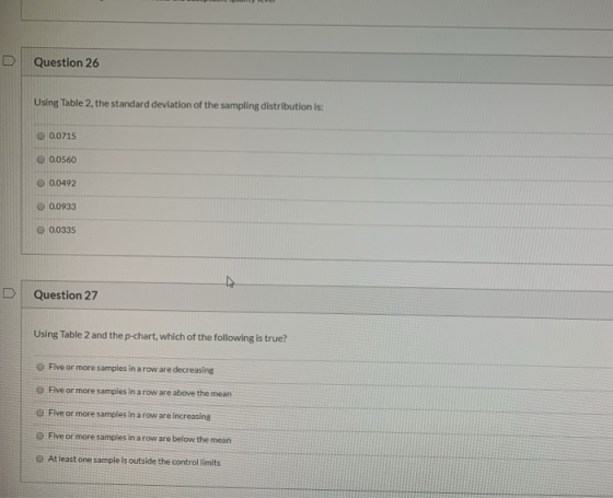 Question 26 Using Table 2, the standard deviation of the sampling distribution is 0.0715 0.0560 0.0492 0.0933 0.0335 Question