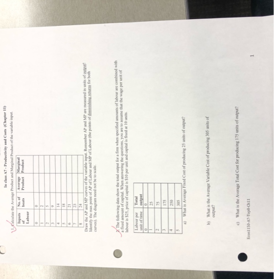 In class A7 - Productivity and Costs (Chapter 11) 1. Calculate the Average Product and Marginal Product of the variable input