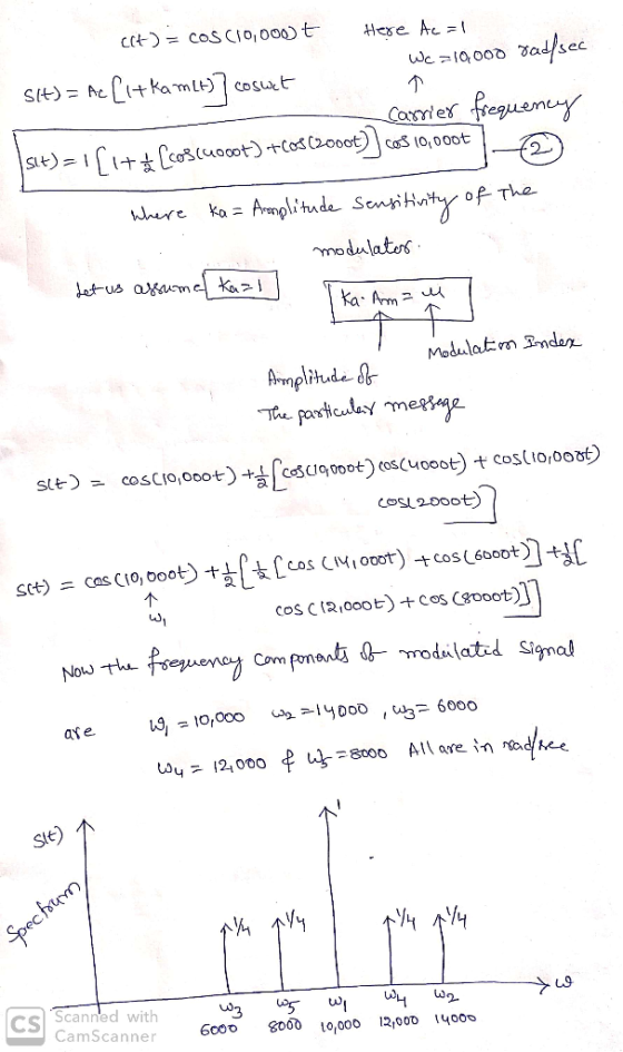 c(t) = COS C10,000t Here Aca! Wc. 210,000 radfsec Sit) = he [1+Ka mlt)] cosuct Carrier frequency sut) = 1 [17* [coscuocot) +c