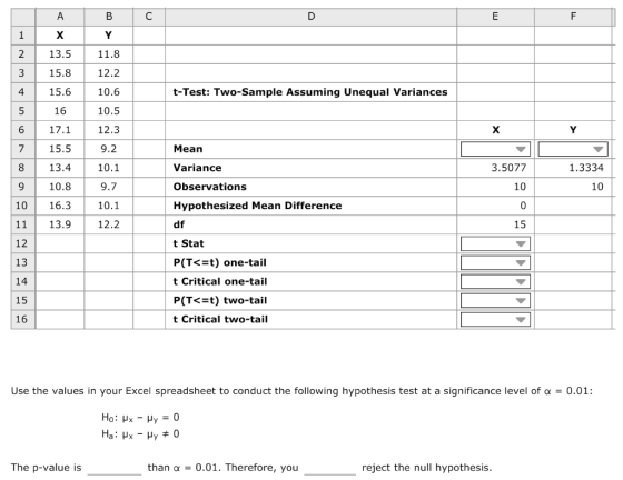 B A C D F 1 X Y 2 13.5 11.8 15.8 12.2 3 10.6 4 15.6 t-Test: Two-Sample Assuming Unequal Variances 5 16 10.5 6 17.1 12.3 X Y 7
