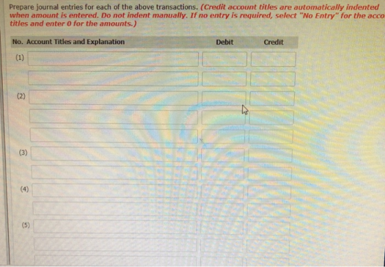 Prepare journal entries for each of the above transactions. (Credit account titles are automatically indented when amount is