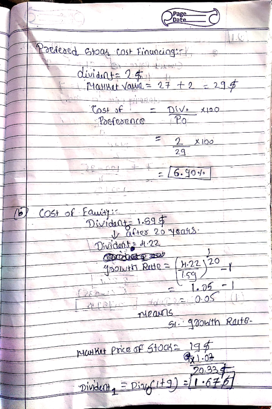 Page Date Porfeded Stoon Cost Finuncing divident = 251 + Mayket vanie = 27 +2221$ Cost of I - Poefedence_ Divo 100 Ro 2 x bo