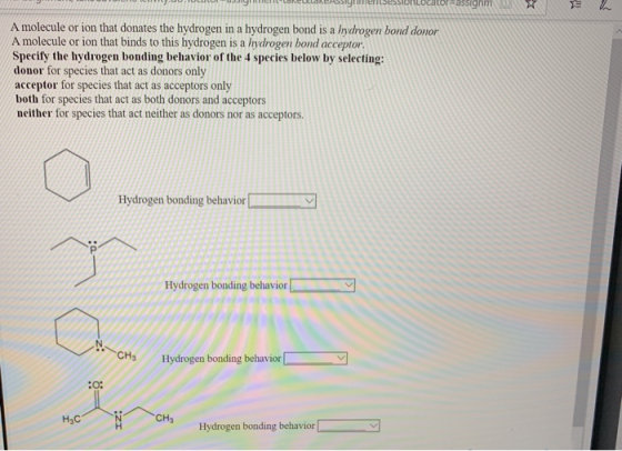 une Assi s SSTOFLO or assignm 1 A molecule or ion that donates the hydrogen in a hydrogen bond is a lydrogen bond donor A mol