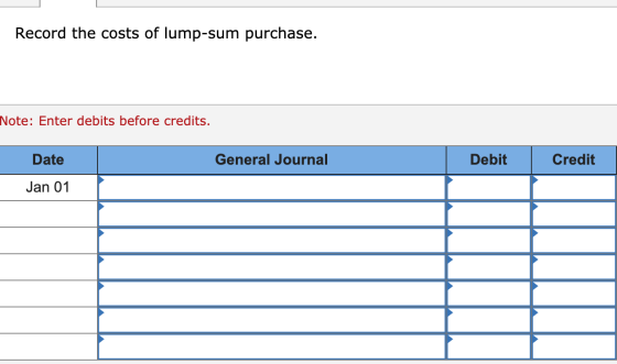 Record the costs of lump-sum purchase. Note: Enter debits before credits. Date General Journal Debit Credit Jan 01
