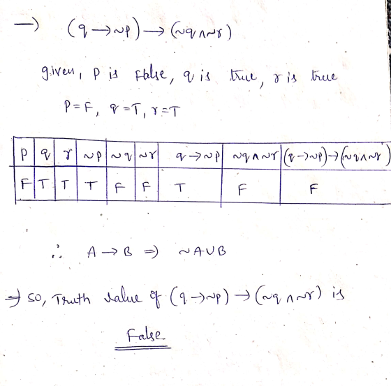 ー ( qup) → (uqaro) given, P is false, q is true, ris true P=f, q=T, 8=T Pla ruplavlnr a> up wq awr | (1-2 up) (NO AND bL TIT