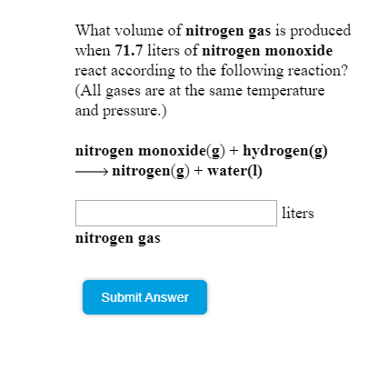 What volume of nitrogen gas is produced when 71.7 liters of nitrogen monoxide react according to the following reaction? (All